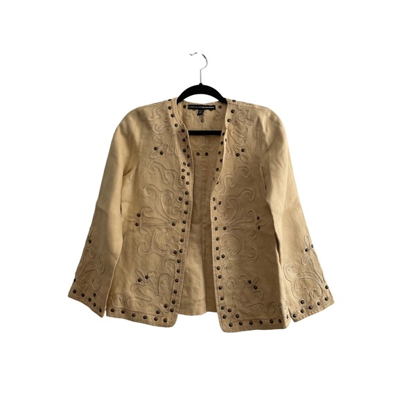Linda Allard Ellen Tracy Jackets & Blazers - Linda Allard Ellen Tracy Tan Embroidered Studded Open Front Jacket Petite 4